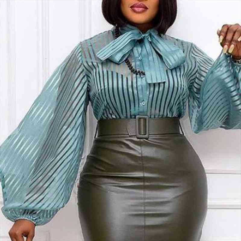 

Sexy Sheer Top Striped See Through Lantern Long Sleeve Bow Tie Button Up Women Plus Size Shirt Office Lady Work, White