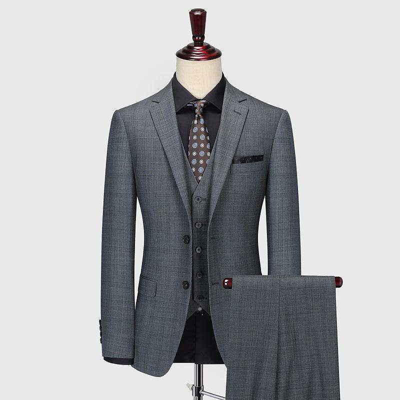 

100% Wool High Quality Grey Plaid Slim Fit Wedding Groom Formal Suits Set Plus Size 58 Retro Style Gentleman Business Man Wear, Blaze pant