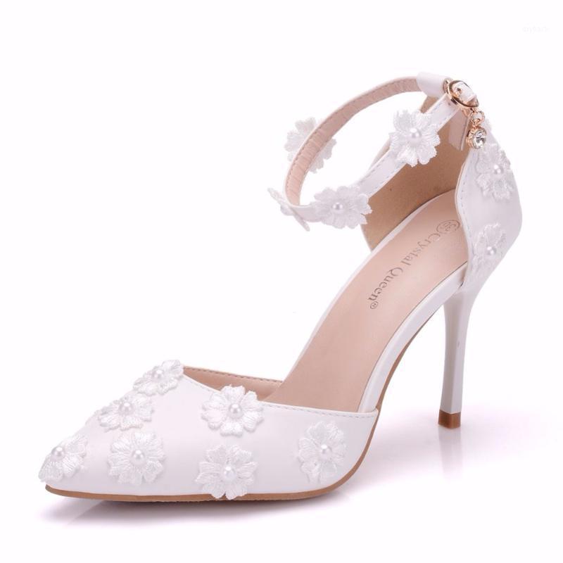 

2021 Spring and summer new fashion women's high-heeled sandals shallow pointed toe fine with buckle pearl lace flower large size1, White