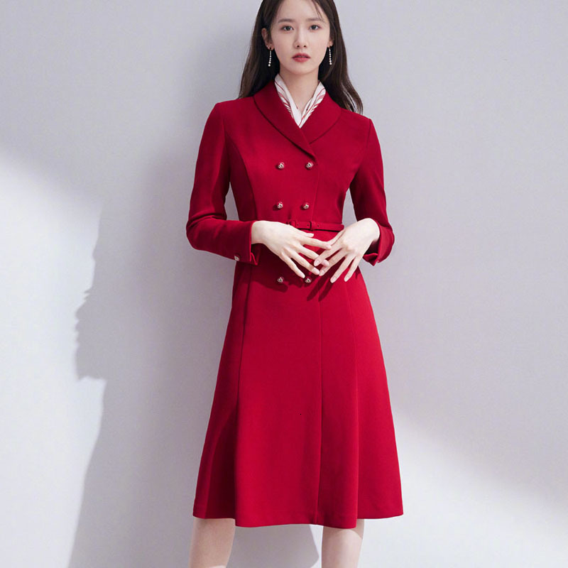 

2021 New Autumn V-neck Style Long-sleeved Thin Fitting Belt Elegant Dress High Quality Red Vqhr, Burgundy.