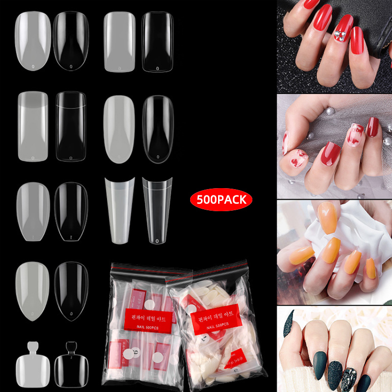 

500PCS Clear False Nail Tips Lady French Style Acrylic Artificial Tip Manicure with Bags of 10 Sizes for Nail Art Salons and Home DIY, Clear / natural