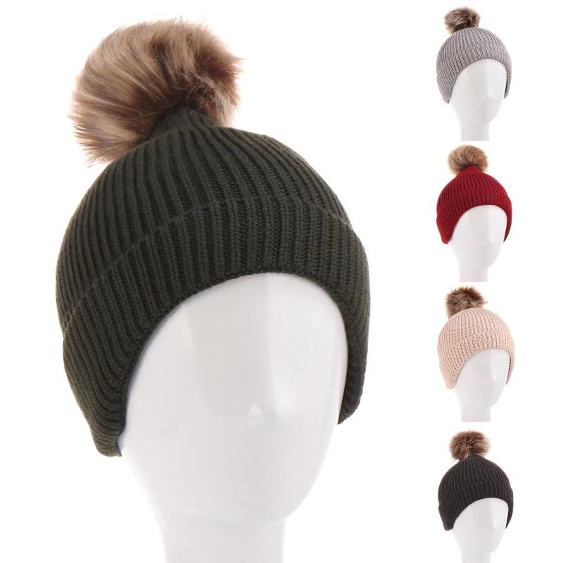 

Winter Hats Children Cute Solid Color Thick Warm Knitted Beanie Hat Pompom Skull Cap High quality Skullies Beanies 5 Colors, Army green