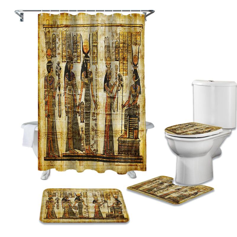 

Bathroom Shower Curtain and Rug Sets Hieroglyphic Carvings Ancient Egyptian Temple Toilet Lid Cover Bath Mat Shower Curtains Set