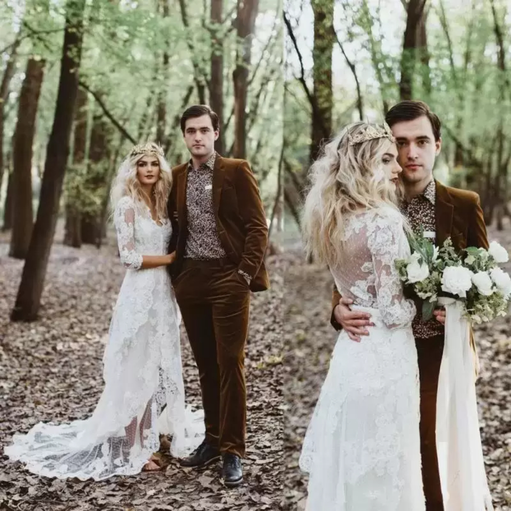2022 Boho Country Wedding Dresses Bridal Gown Scalloped V Neck A Line Lace Applique Front Slit 3/4 Long Sleeves Sweep Train Custom Made Plus Size Ve