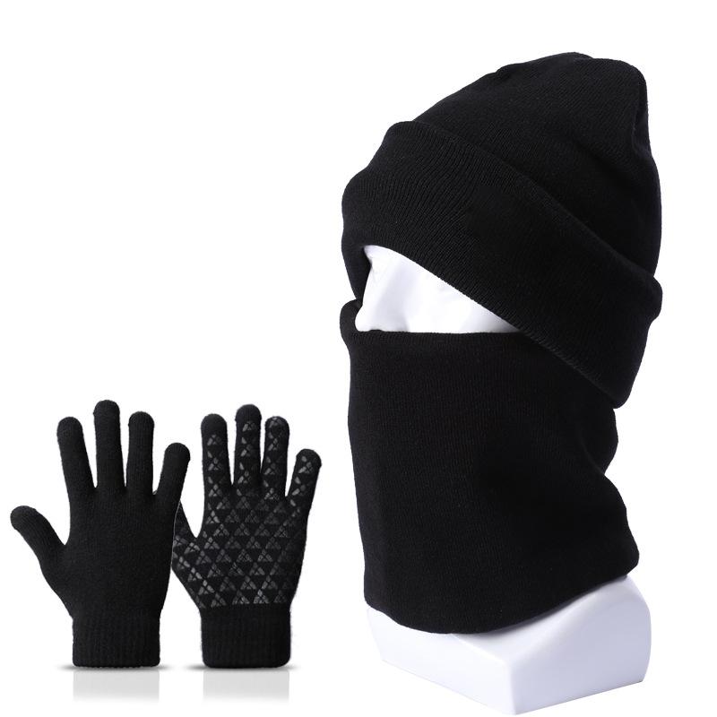 

New Unisex Beanies Hat Ring Scarf Gloves Set Winter Knitted Thick Warm Cap Women Men Solid Hat Soft Touch Screen Gloves