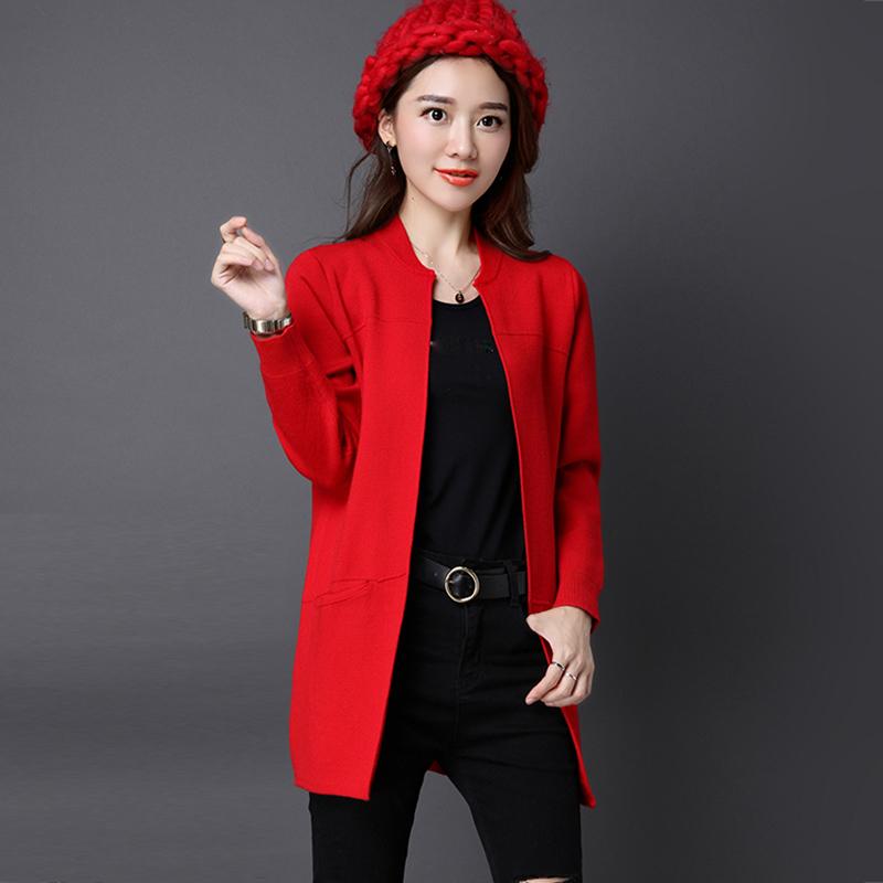

2020 Girl Casual Long Knitted Cardigan Autumn Korean Women Loose Solid Color Pocket Design Sweater Jacket Pink black Plus Size, Purple