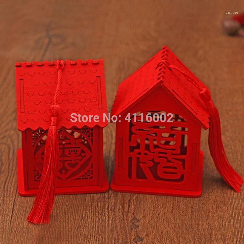 

100pcs Exquisite House Shape Wedding Candy Box Chinese Style Red Wooden Chocolate Candy Boxes Party Decoration1