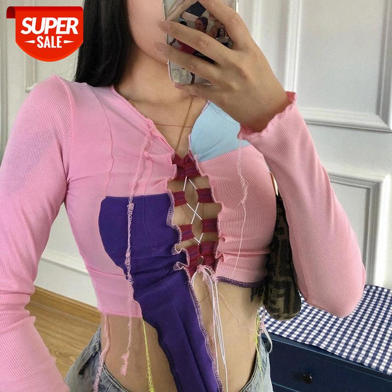 

ArtSu 2020 Long Sleeve Patchwork Cut Out Bandage Sexy Crop Top Autumn Winter Women Fashion Streetwear Tshirts Club Tees TS52415 #9D0f, White