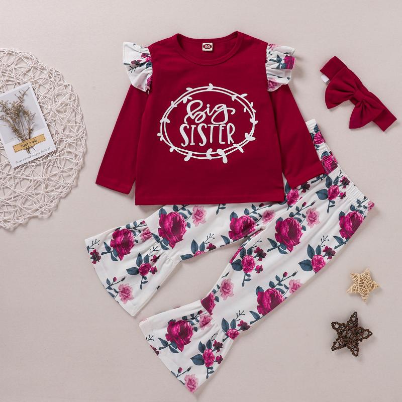 

2021 Spring and Autumn Baby Girls Sets Letter Flower Print Tshirt and Pant, Wine red