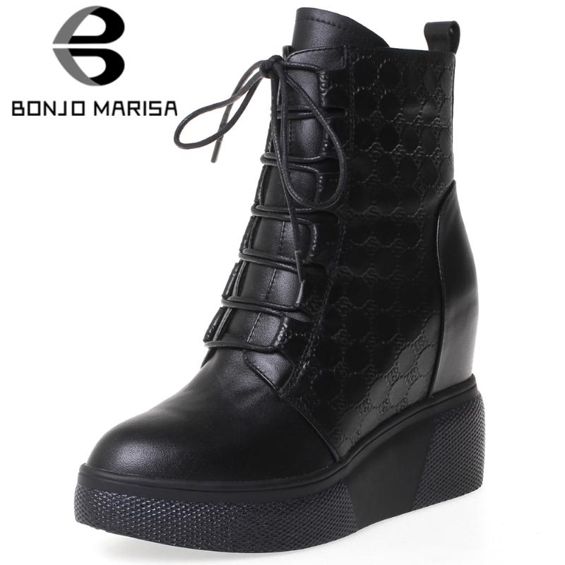 

BONJOMARISA Genuine Leather Round Toe Ankle Boots Lace Up Zipper Wedges Increasing Height Fall Boots Women Casual Shoes Woman, Black