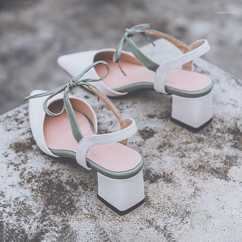 

Baotou sandals female 2020 new summer wild thick heel pointed bow high heel Roman shoes1, Khaki