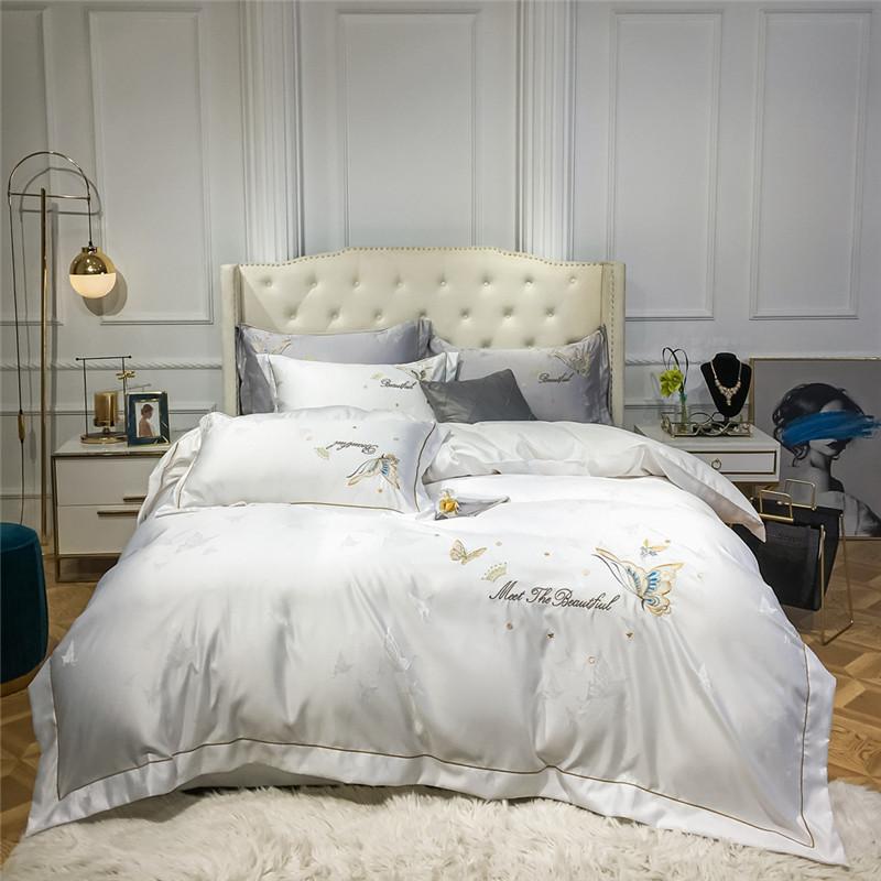 

Luxury 60S White Butterflys Embroidery Long Staple Cotton Duvet Cover Bed Linen Fitted Sheet Pillowcases Bedclothes