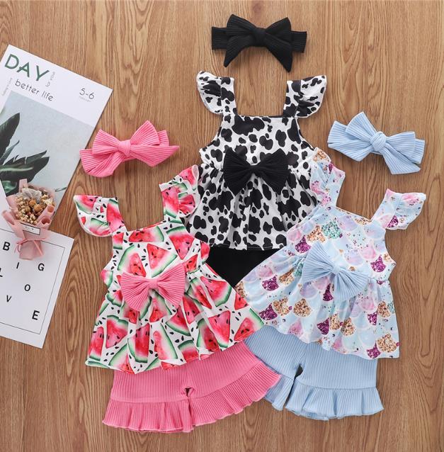 

New Summer Girl Clothes Set Fresh Printing Sleeveless Floral Vest Tops Solid Color Short Pants Headband Girls Clothing, Black