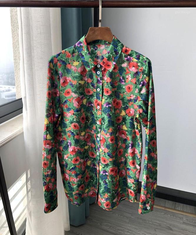 

Oil Painting Silk Cotton Shirt Women' Blouse 2020 Early Spring New Retro Long-sleeve Turn-down Collar Buttons Female Tops1, As show picture