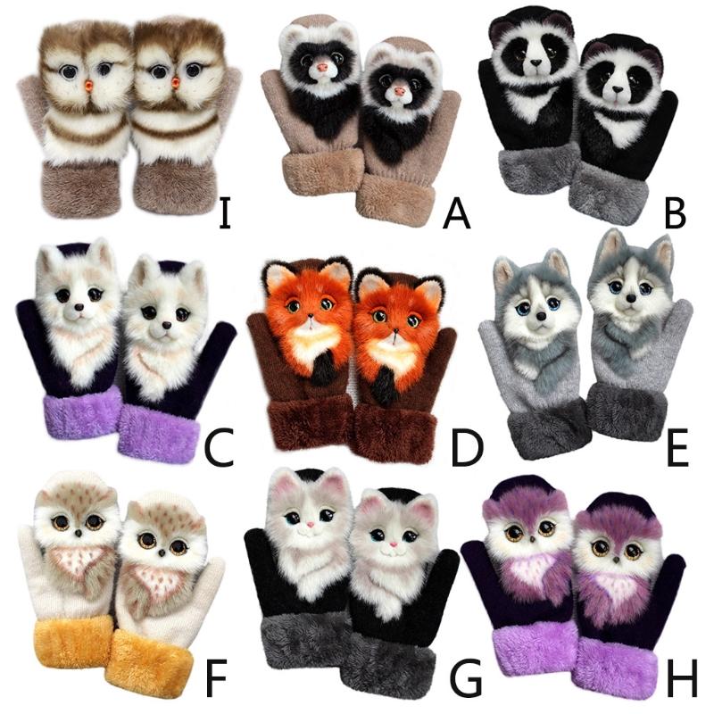 

Women Men Winter Knitted Gloves Cute 3D Fluffy Cartoon Animal Thermal Mittens LX9E