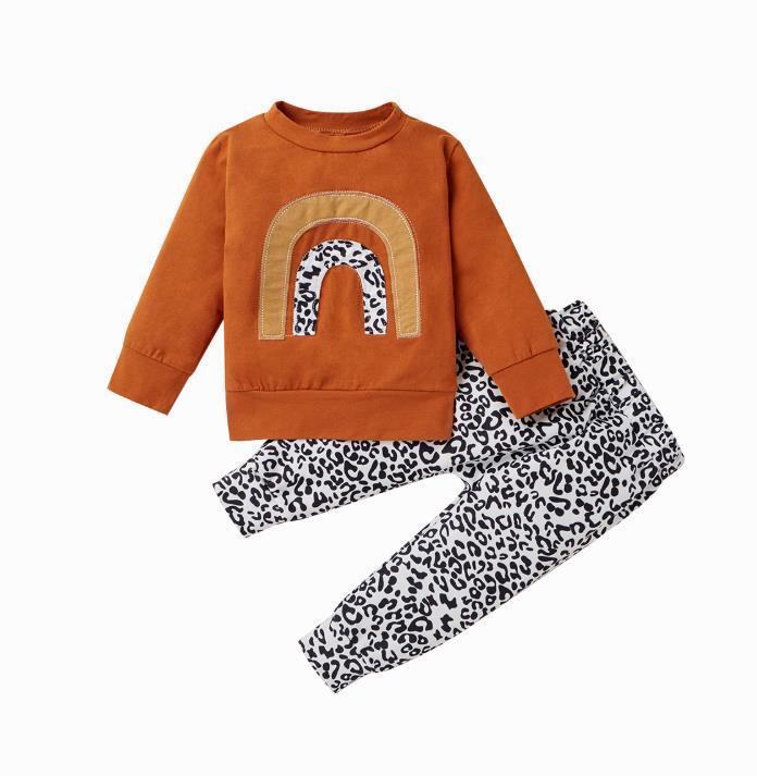 

Baby Girl Fall Spring Clothes Rainbow Printed Round Neck Long Sleeve Shirt Leopard Trousers Girl Loose Clothing Suits Outfits, Brown