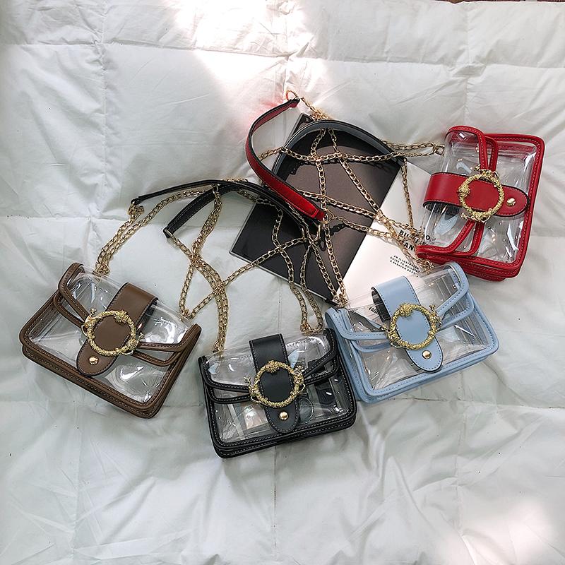 

Fashion Luxury Women Shoulder Bag Lady Transparent Leather Messenger Handbag Female Metal Chain Prom Party Small Square Bags, Black