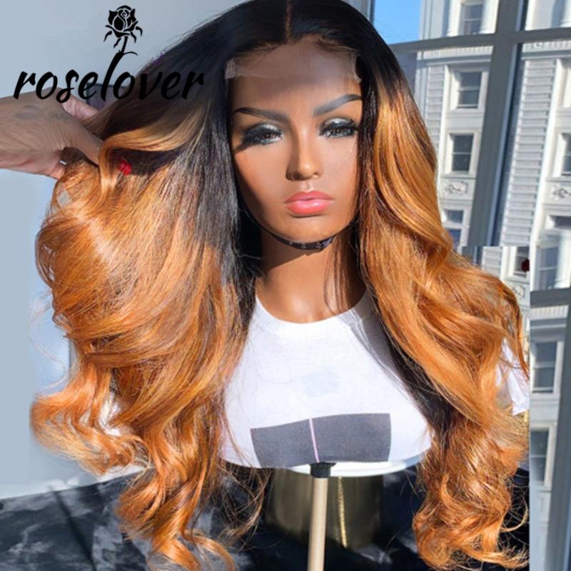 

Ombre Honey Blonde Color Human Hair Wigs Body Wave Brazilian Remy Pre Plucked With Baby Hair Bleached Knots Deep Part Lace Wigs, Black;brown