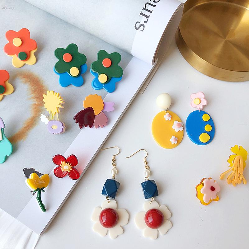 

AOMU Korea Fashion Transparent Acrylic Asymmetric Tulip Colorful Flower Big Earrings for Women Party Jewelry Gifts