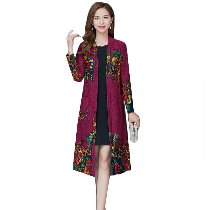 

Women's Trench Coat 2020 Spring New Long Sleeve Printing Coat Cardigan Middle-aged Women Windbreaker Thin Section Outerwear 5XL, Red wine