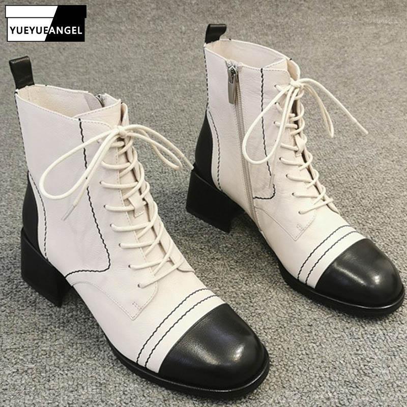 

Fashion Women Leather Ankle Boots Lace Up Round Toe Block Heel Leather Motorcycle Boots Casual Ladies Winter Fleece Lining Shoes1, Black normal