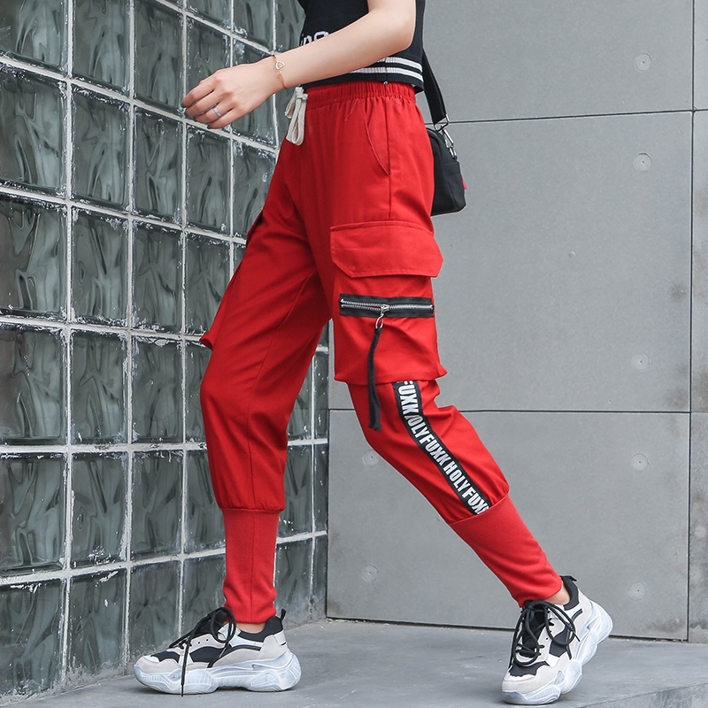 

Women's Cargo Pants Elastic Waist Letters Printed Side Stripe Big Pockets Sport Harem Pants Female Red Plus Size Trousers P9116 Y200418, Black