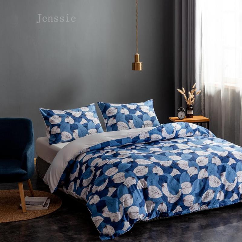

Blue and White Leaves Printing Pattern Duvet Cover Sets Bedding Set Single Double Queen King Bedclothes without Bed Sheet, As picture