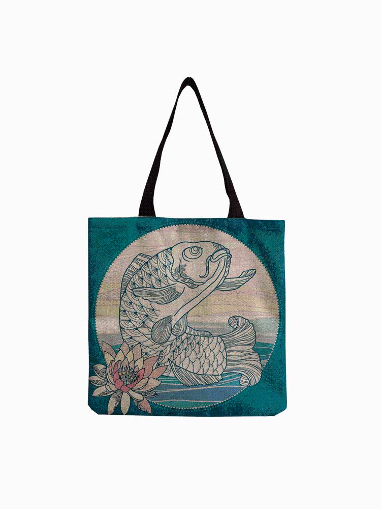 

Cartoon Pictures Carp Leaping Over the Dragon Gate Printed Handbag Plant Lotus All-Match Shoulder Bag Refreshing Foldable Tote, Hm0468
