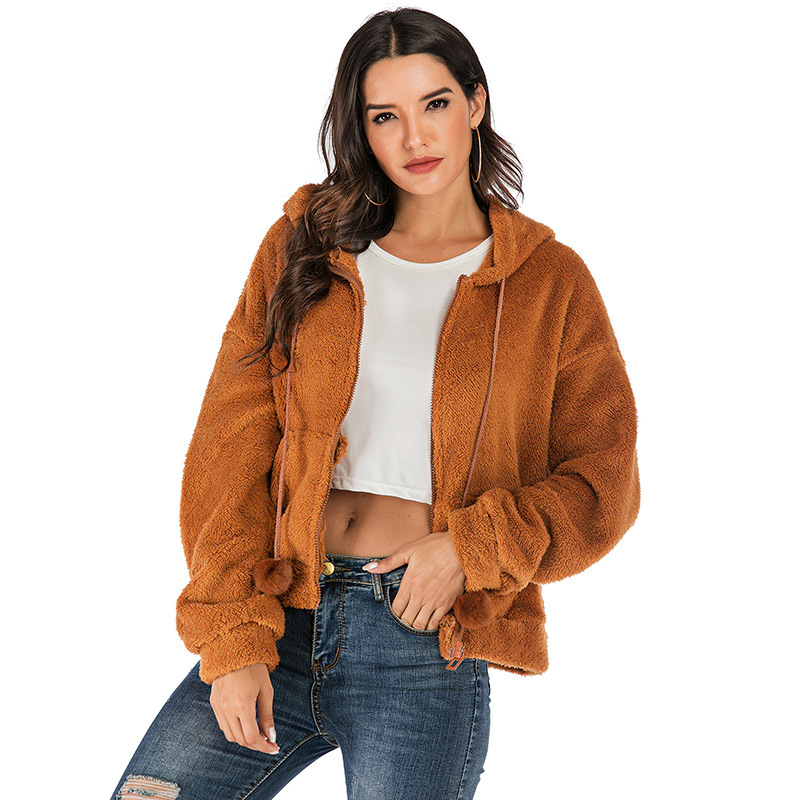 Autumn and Winter 2020 women's European and American fleece coat women's solid color hooded wool coat