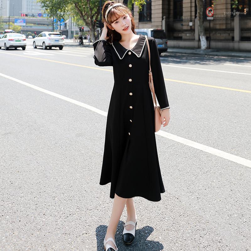 

Spring Maternity Nursing Dress Slim Waist Long Sleeve Turn-down Collar Postpartum Women Lactation Dress Maxi Breastfeeding1, Black