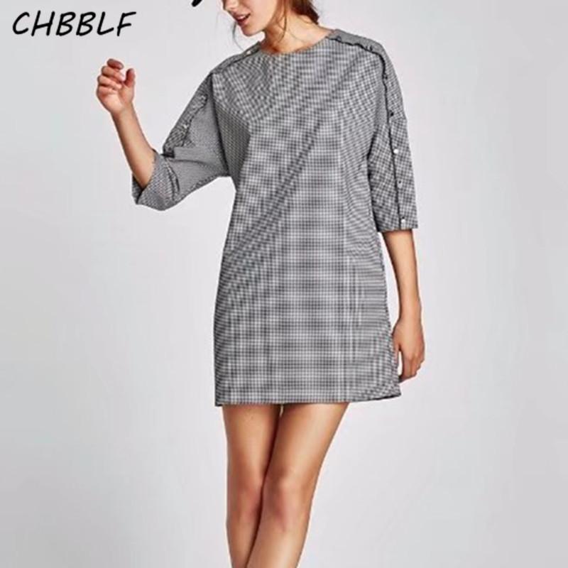 

women fashion button sleeve mini plaid dress female three quarter sleeve causal straight vestidos O8528, Gray