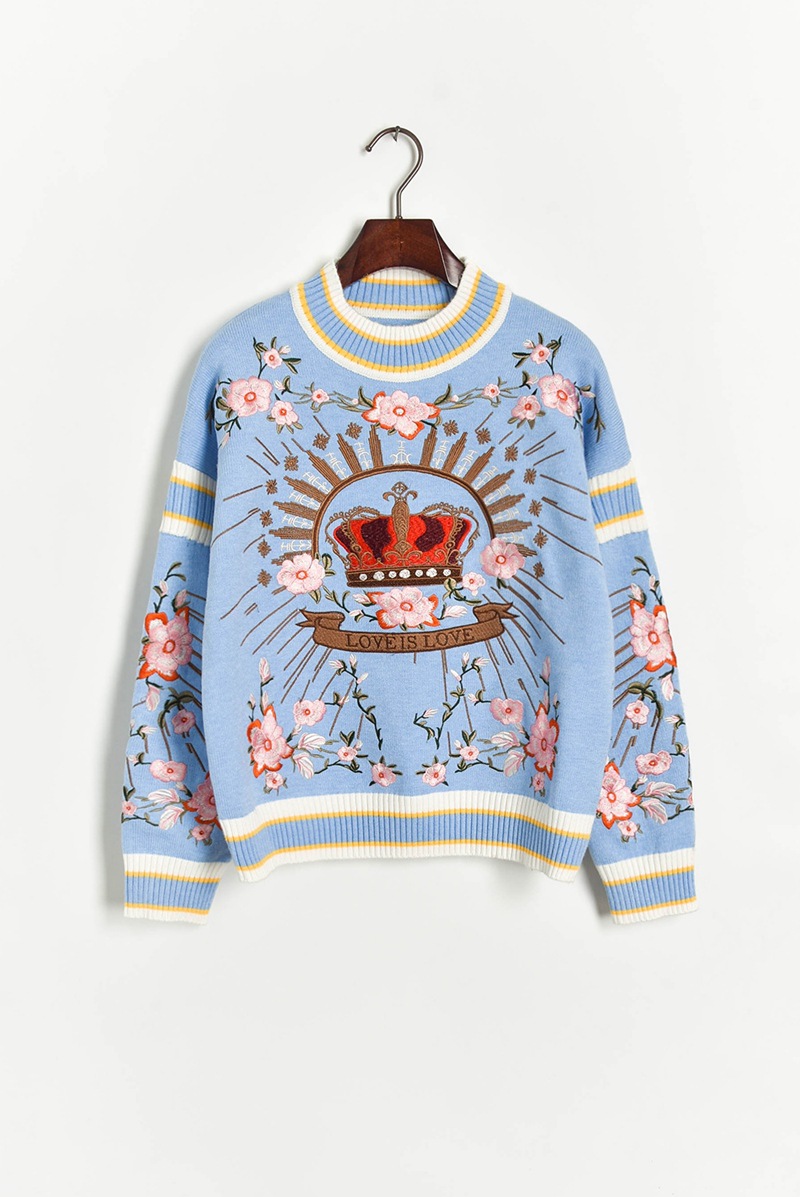 

820 Free Shipping 2020 Autumn Brand Same Style Regular Long Sleeve Black Blue Embroidery Crew Neck Kint Sweater Striped Red Women Clothes