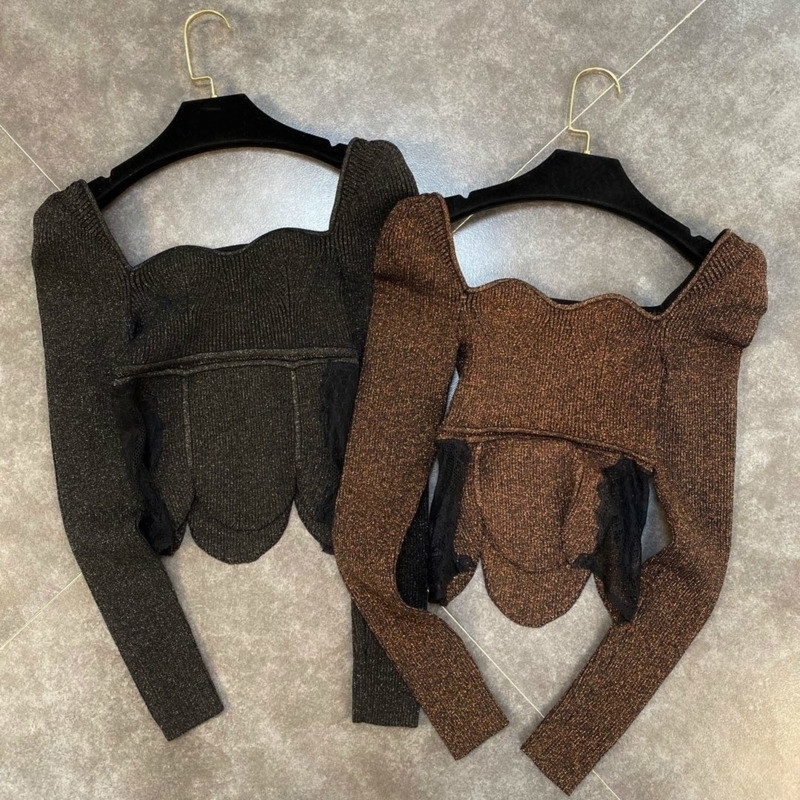

DEAT Autumn New Arrivals Long Sleeve Sext Square Collar Lace Patchwork Shiny Knitted Pullovers Women Sweater MK460 201130, Brown