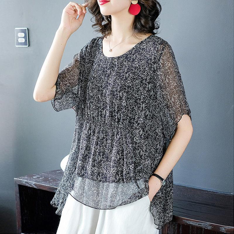 

Women Spring Summer Style Chiffon Blouses Shirts Lady Casual Short Flare Sleeve Polka Dot Printed Chiffon BLusas Tops DF3711, Black