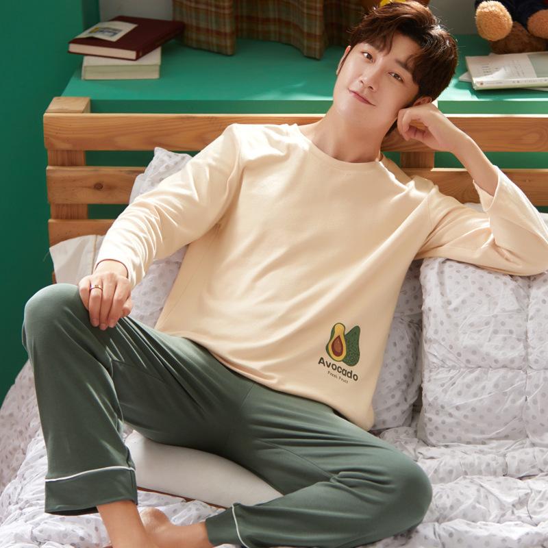 

Winter Sleepwear Set For Men Cotton Keep Warm Long Sleeve Pajama Set Green Avocado Pattern Leisure Home Clothes Casual Sleepwear
