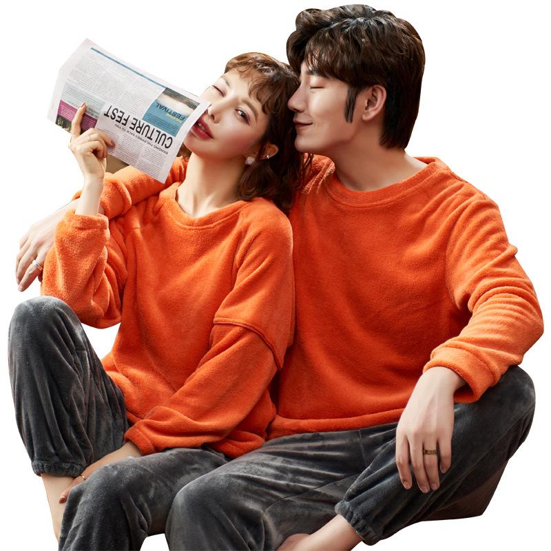

Pajamas For Couples 2-Piece Set Winter Thick Flannel Sleepwear Men's Homewear Solid Long Sleeve O-Neck Female Home Clothes Sets, Women 3201 white