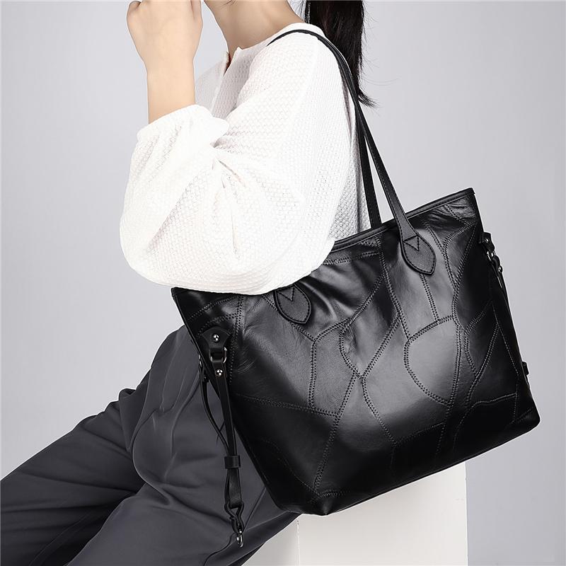 

Large Women's Shopper Bag Luxury Genuine Leather Handbag Classic Black Shoulder Bags Ladies Fashion Big Stitching Tote Bag Cabas