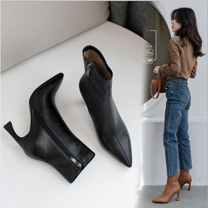 

Women's boots snow boots women's motorcycle leather thin heel high-heeled, Nude