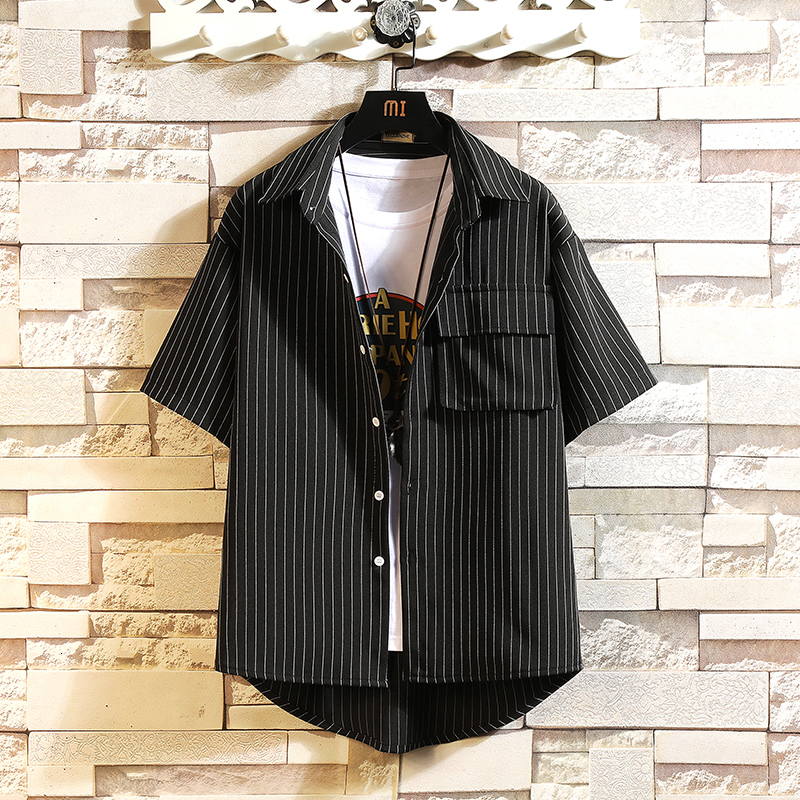 

New Striped Brand 2021 Summer Black Men's Pocket Shirt Fashion Short Sleeve Casual Plus Oversize M-4xl 5xl Hawaiian Cisl, Hc20204 5