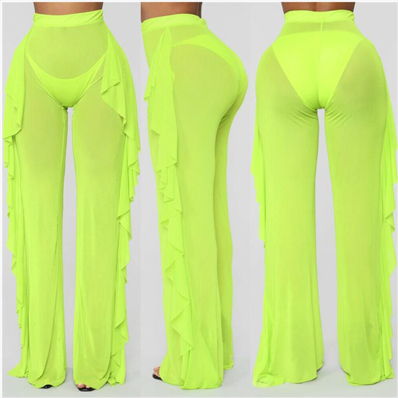 Sexy Ruffle Women Beach Mesh Pants Sheer Wide Leg Pant Transparent See through Sea Holiday Cover Up Bikini Trouser Pantalon F3-image-625387773