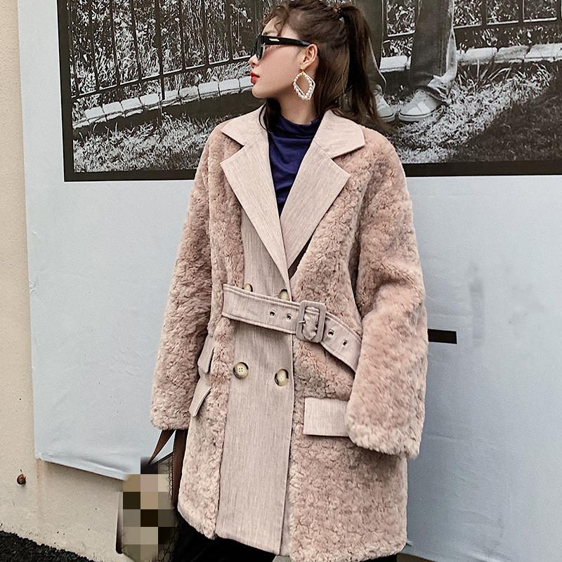 

New Winter Lambswool Coat Women Turn Down Collar Wool Blend Coat Female Warm Thick Long Woolen Teddy Jacket Outerwear P221, Pink