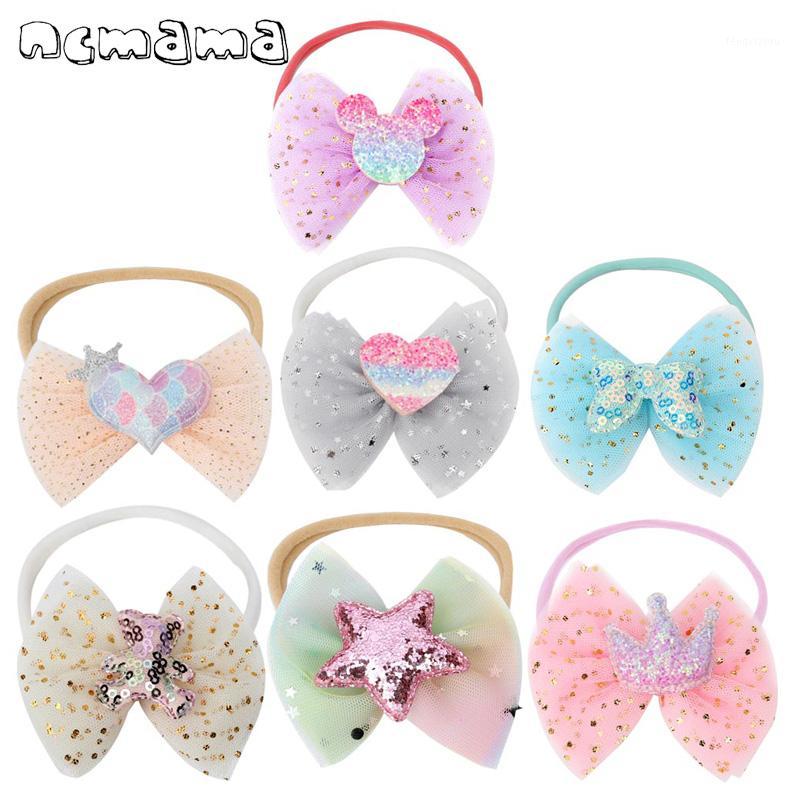 

Hair Accessories 6 Pcs/lots 3" Organza Bowknot Nylon Headbands For Girls Kids Glitter Star Crown Bows Born Baby Accessories1