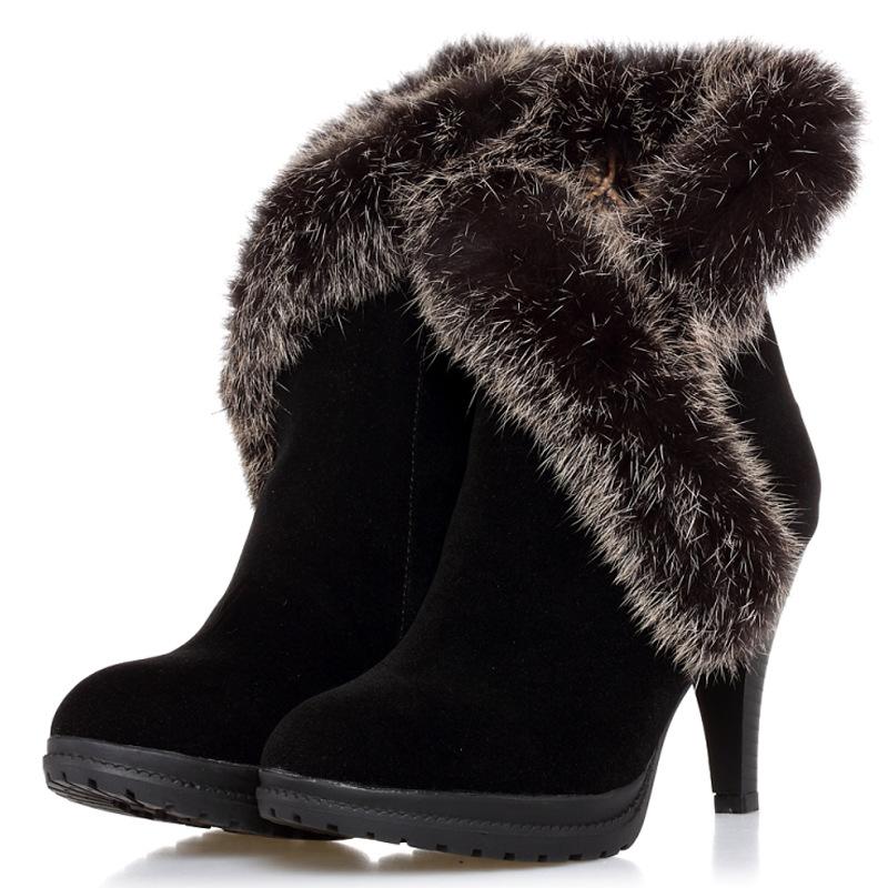 

winter womens boots Fashion faux fur trim women high boots With high heels women snow, Black