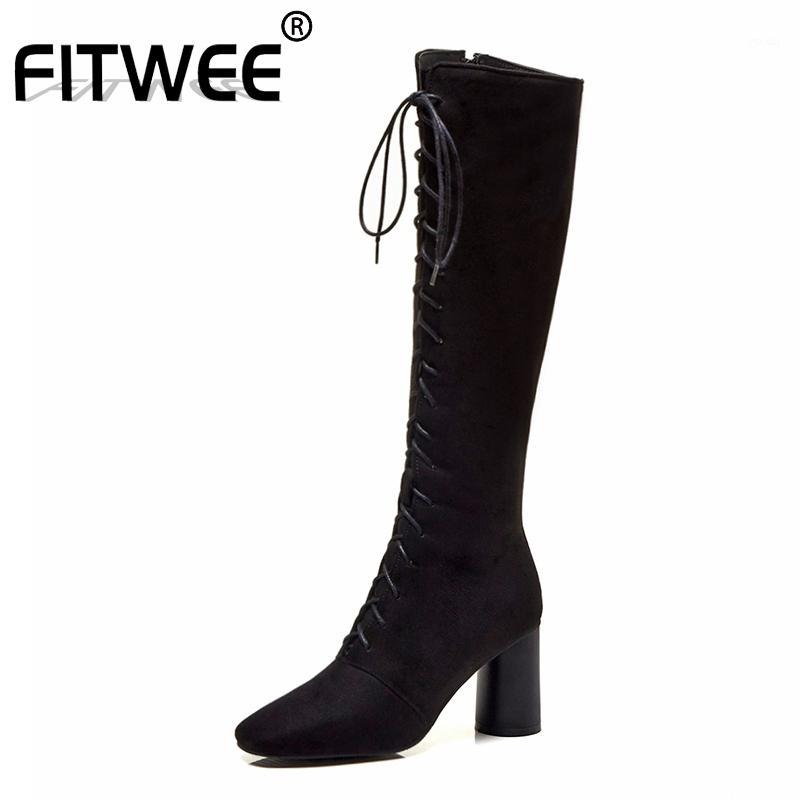 

FITWEE Women Knee High Boots Solid Color Black Boots Cross Strap Zipper High Heel Shoes Woman Winter Footwear Plus Size 32-481