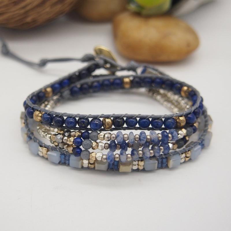 

Tennis 3Layers Lapis Lazuli Wrap Bracelet For Girls Crystal Blue Vein Natural Stone Metal Beads Boho Bracelets Ladies Turmalina Negra