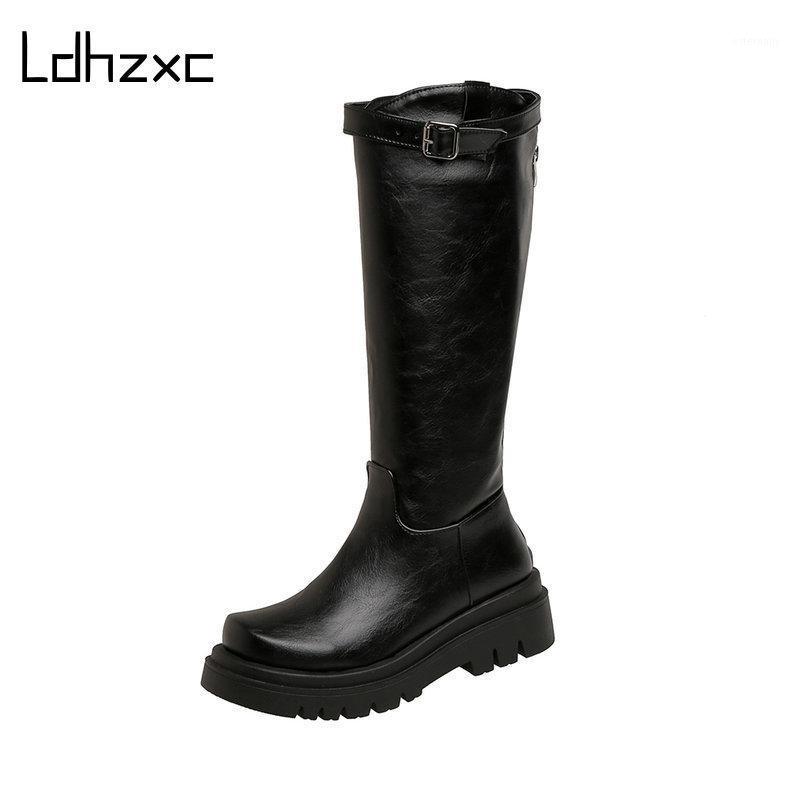 

LDHZXC Autumn Winter News Women Knee-High Motorcycle Boots Thick Heel Platform Heel Female Wedding Boots Plus Size 431, Black