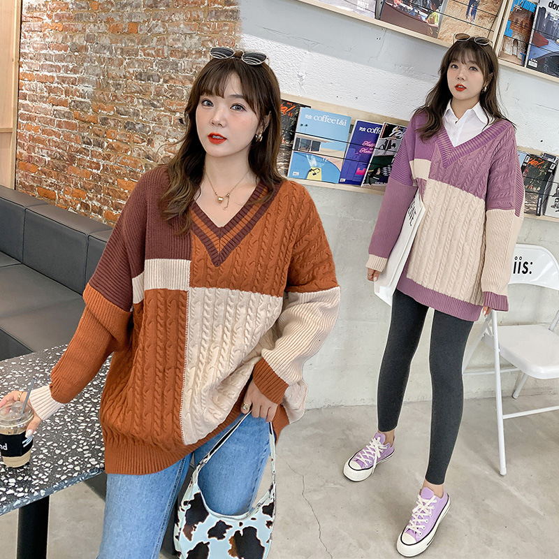 

2021 New Autumn women's leisure-sized ladies plump v-collar contrast color amendment versatile knitted cable-sweater S5T0, Purple apricot.