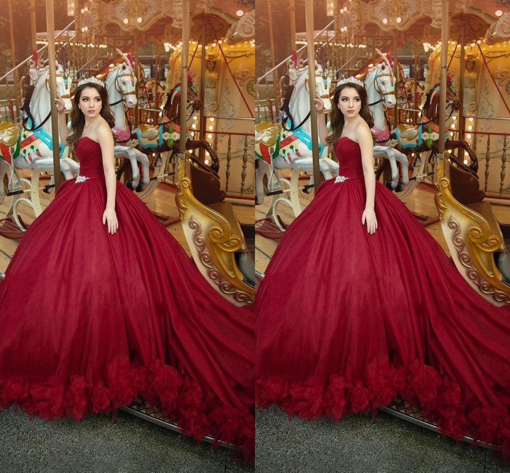 

Perfect Dark Red Princess Prom Ball Gowns Women Strapless Crystal Belt Hand Made Flowers Tulle Quinceanera Dress Sweet 16 Girls Pageant, Hunter