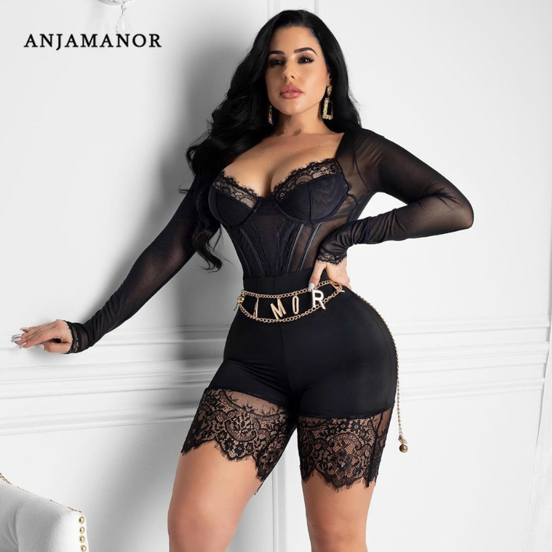 

ANJAMANOR Fashion Sexy Rompers Womens Jumpsuit Clubwear Lace Mesh See Through Long Sleeve Bodycon Playsuit Onesie Shorts D36AA23 T200704, Burgundy
