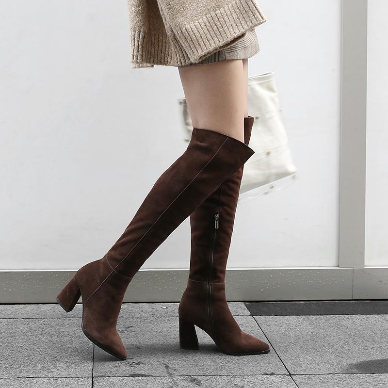 

2020 VALLU Shoes Woman Warm Boots Over the Knee Natural Cow Suede Pointed Toes Zipper Fashion Female High Heel Boots, Black short plush